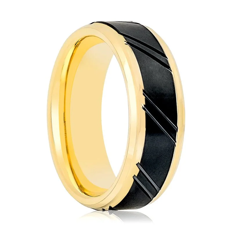 Women’s diamond infinity ring-Yellow Gold Ring Stepped Edge with Black Diagonally Grooved Center Brushed Finish