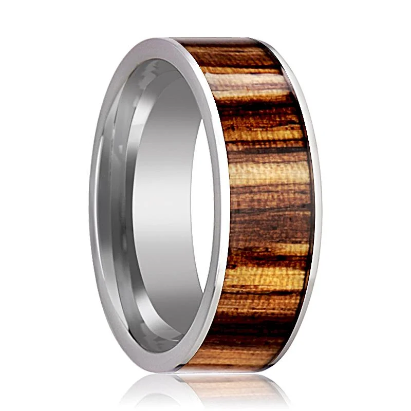 Women’s emerald ring-COPAN | Silver Tungsten Ring, Zebra Wood Inlay, Flat