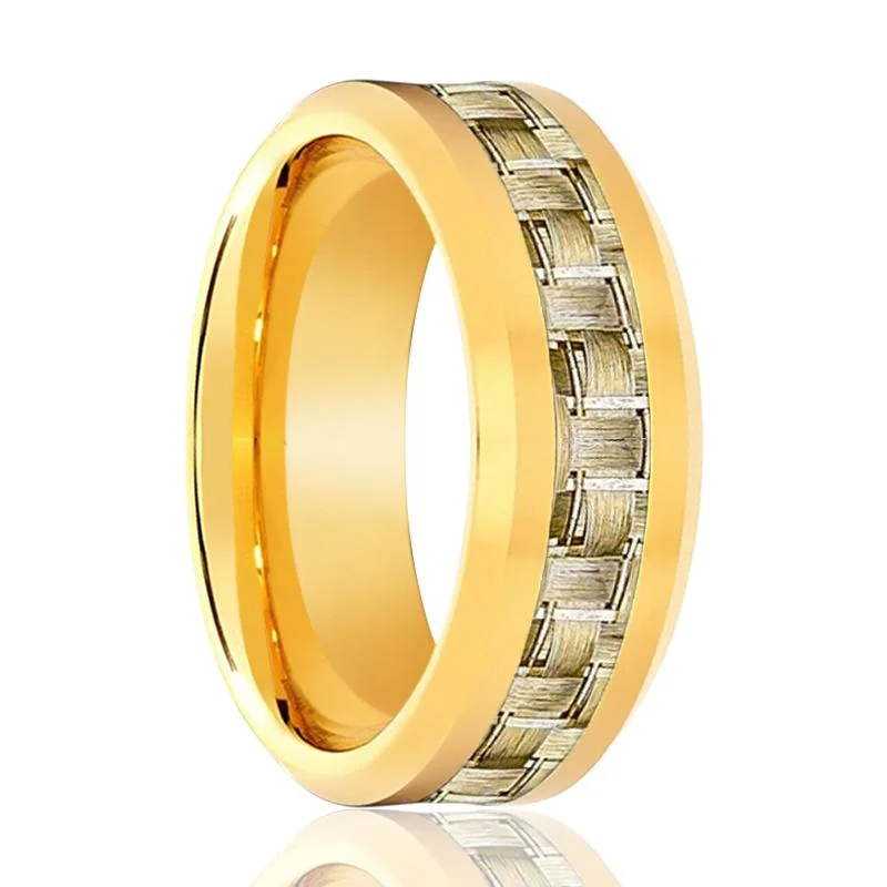 Women’s blue sapphire ring-Shiny Polished Yellow Gold Men's Tungsten Wedding Band with Gold Carbon Fiber Inlay - 8MM