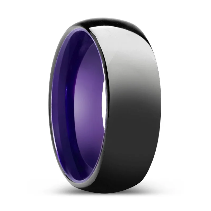 Women’s cubic zirconia ring-DAUER | Purple Ring, Black Tungsten Ring, Shiny, Domed