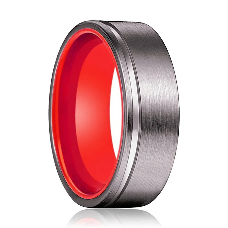 Women’s wedding ring-LYCHEE | Red Ring, Gunmetal Tungsten Ring, Offset Groove, Flat