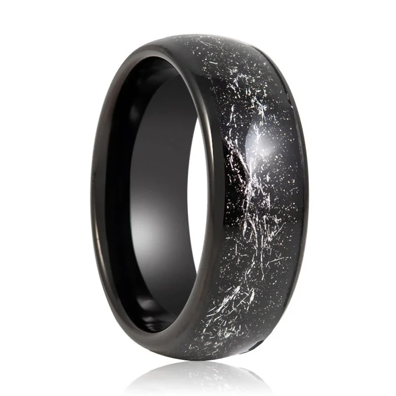 Women’s rose gold diamond ring-DOMINATOR | Black Tungsten Ring, Black Meteorite Inlay, Domed