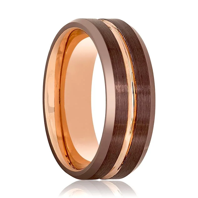 Women’s moonstone gemstone ring-DONIDOS | Rose Gold Tungsten Ring, Brown Brushed, Beveled