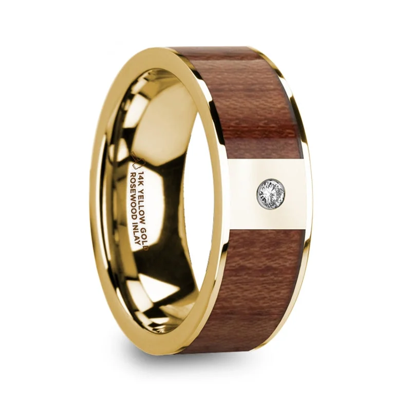 Women’s vintage engagement rings-Men's 14k Yellow Gold Wedding Band with Rosewood Inlay & Diamond