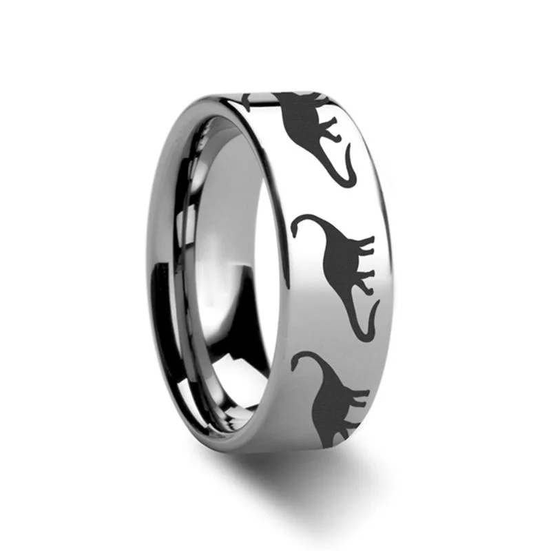 Women’s polished ring-Brachiosaurus Dinosaur Print Engraved Flat Tungsten Carbide Couple Matching Ring - 4MM - 12MM