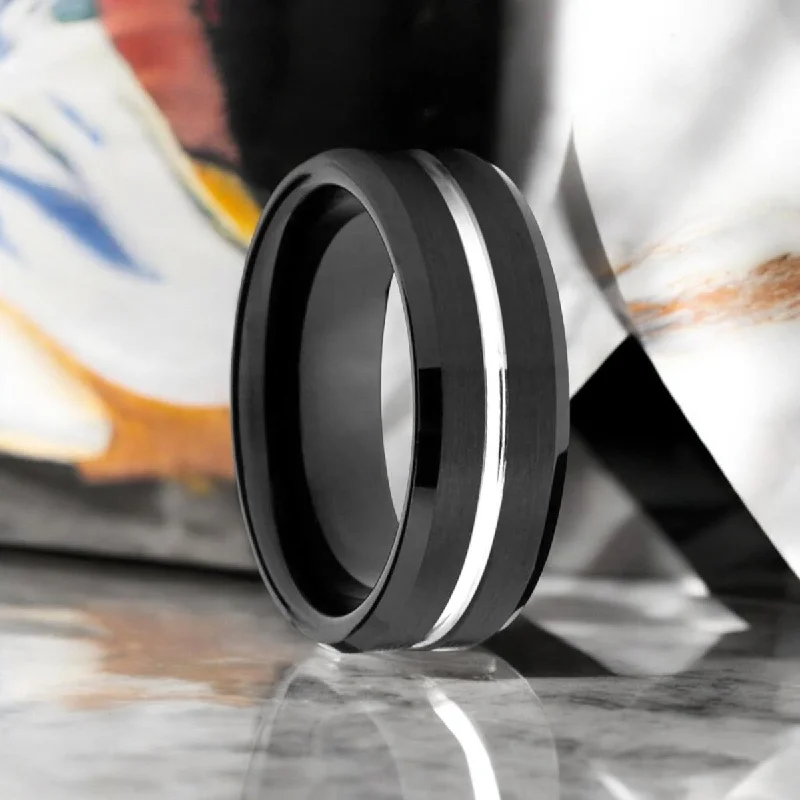 Women’s wide silver ring-SAGAN | Black Tungsten Ring, Silver Shiny Groove, Beveled