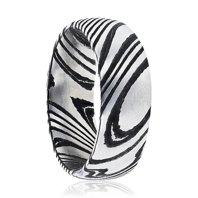 Women’s intricate design ring-EUDON | Black & Grey Damascus Steel A Vivid Etched Design