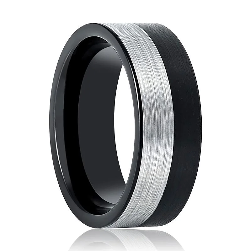 Women’s three-stone ring-NIGHTHAWK | Black Tungsten Ring, Silver & Black Two-Tone Brushed, Flat