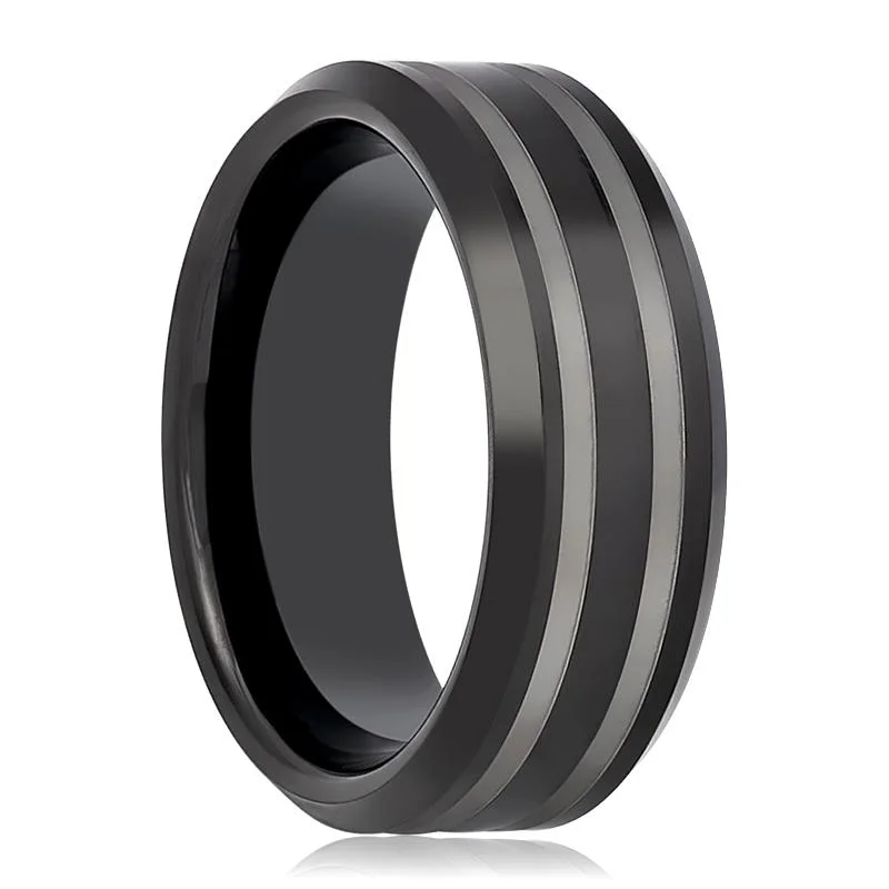 Women’s adjustable band ring-WOLSEY | Black Tungsten Ring, Double Laser Engraved Lines, Beveled