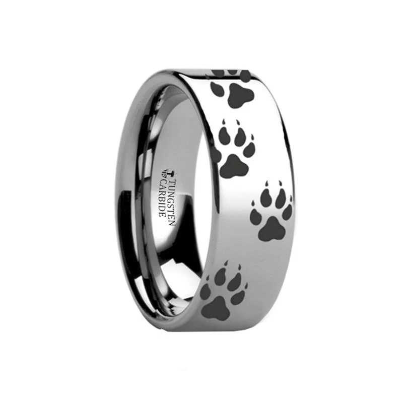 Women’s bold gemstone ring-Laser Engraved Wolf Track Print Animal Design Flat Tungsten Couple Matching Ring - 4MM - 12MM