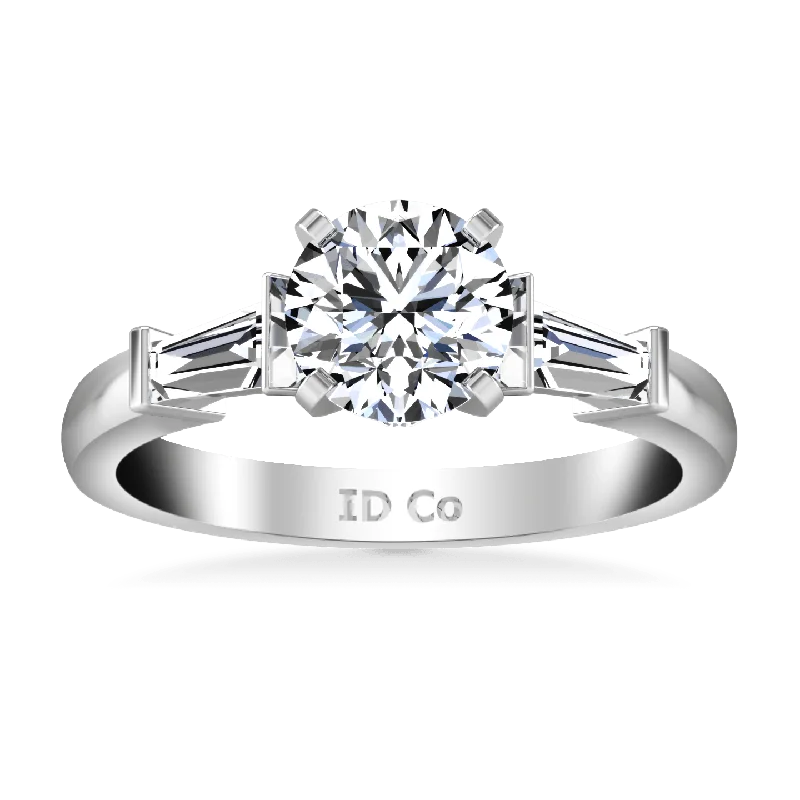 Women’s stackable engagement rings-Round Diamond Pave Engagement Ring Classic Baguette 14K White Gold