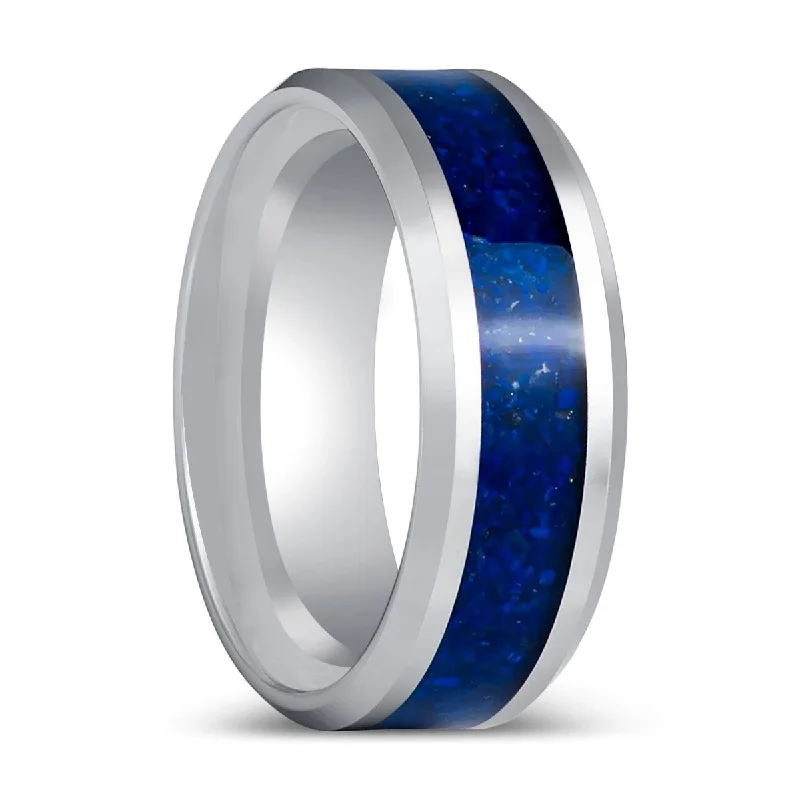 Women’s cubic zirconia ring-BOYDTON | Silver Tungsten Ring Lapis Lazuli Inlay