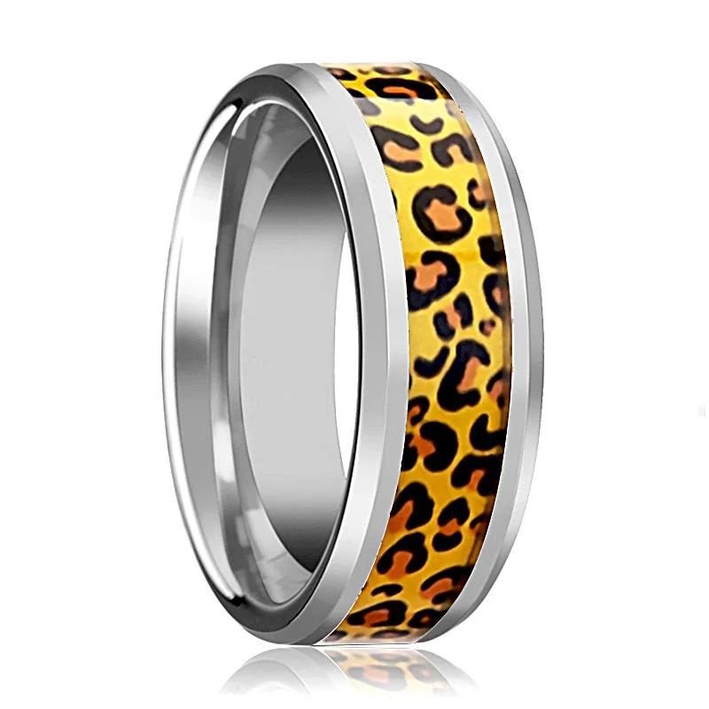 Women’s blue sapphire ring-Men's Tungsten Wedding Band with Cheetah Print Animal Design Inlay and Bevels - 6MM - 8MM