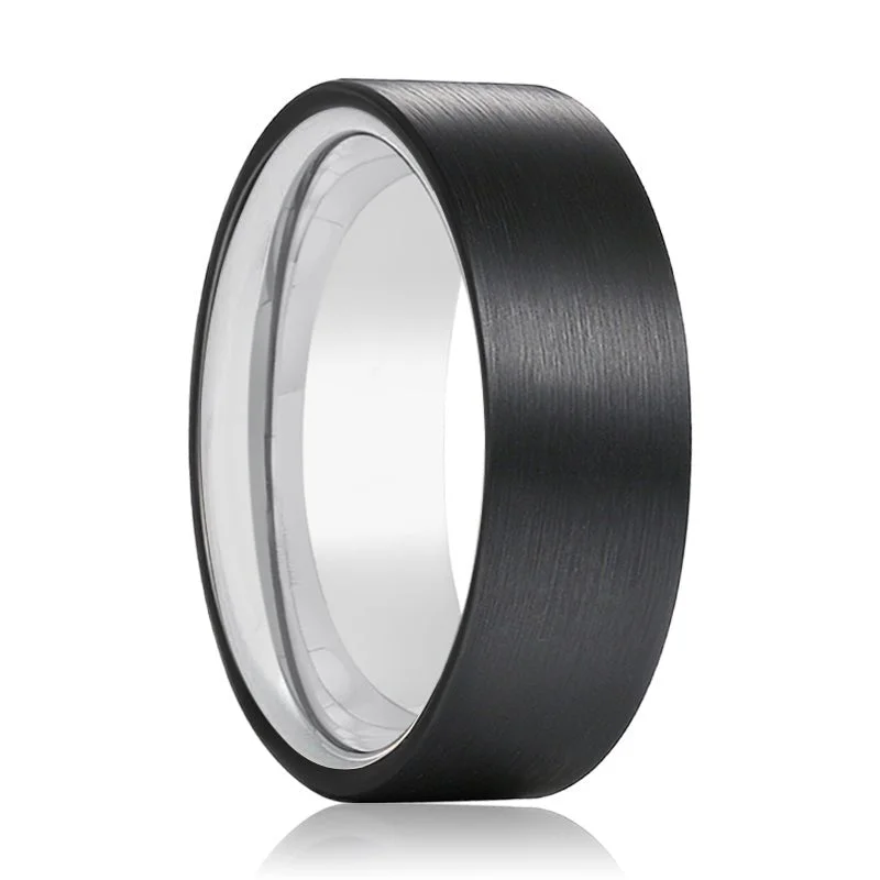 Women’s ring with diamonds-SOUL | Silver Tungsten Ring Black Brushed Flat