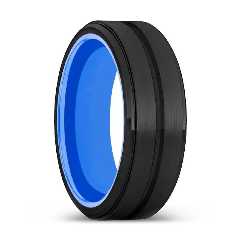 Women’s intricate design ring-DUKES | Blue Ring, Black Tungsten Ring, Grooved, Stepped Edge