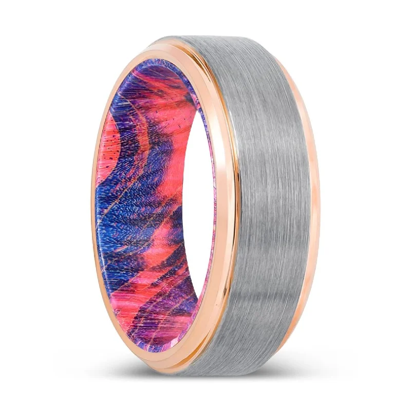 Women’s geometric ring-RAVEN | Blue & Red Wood, Silver Tungsten Ring, Brushed, Rose Gold Stepped Edge