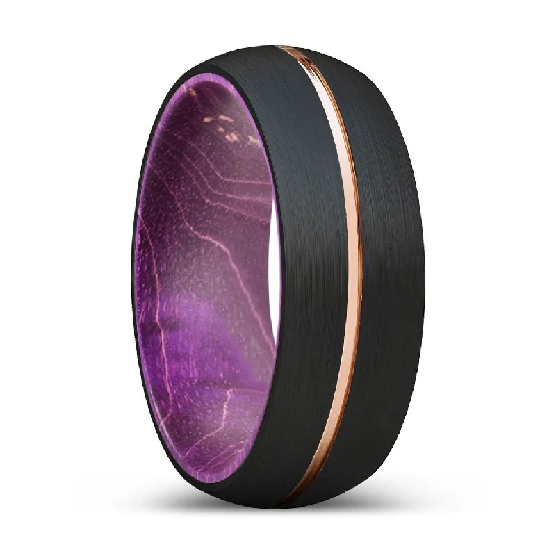 Women’s polished ring-ZETTER | Purple Wood, Black Tungsten Ring, Rose Gold Groove, Domed