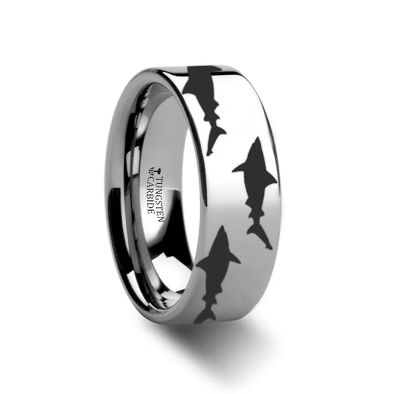 Women’s promise ring-Laser Engraved Shark Predator Fish Sea Pattern Print Flat Polished Tungsten Couple Matching Ring - 4MM  -12MM