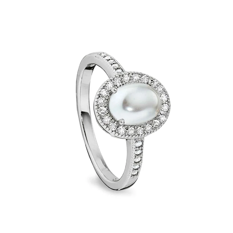 Women’s custom made engagement rings-Cabochon Cut Pearl Ring with Simulated Diamonds