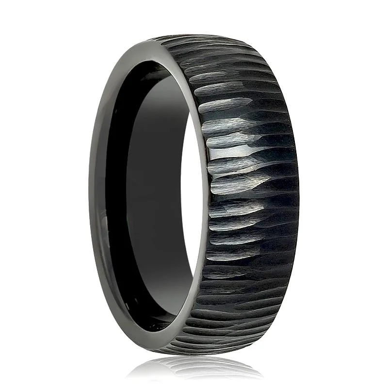 Women’s channel set ring-Tree Bark Carved Textured Finished Men's Black Tungsten Wedding Band - 8MM