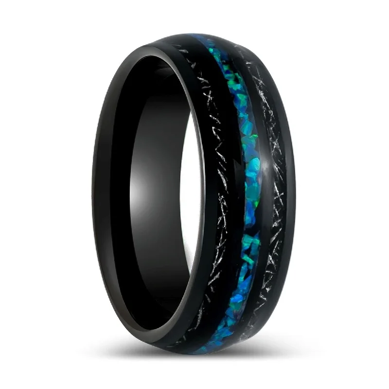 Women’s minimalist diamond ring-ANTONAS | Black Tungsten Ring Blue Opal