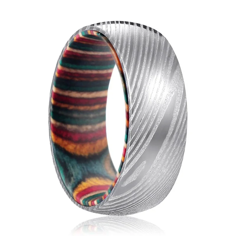 Women’s heart-shaped ring-CURVE | Multi Color Wood, Silver Damascus Steel, Domed