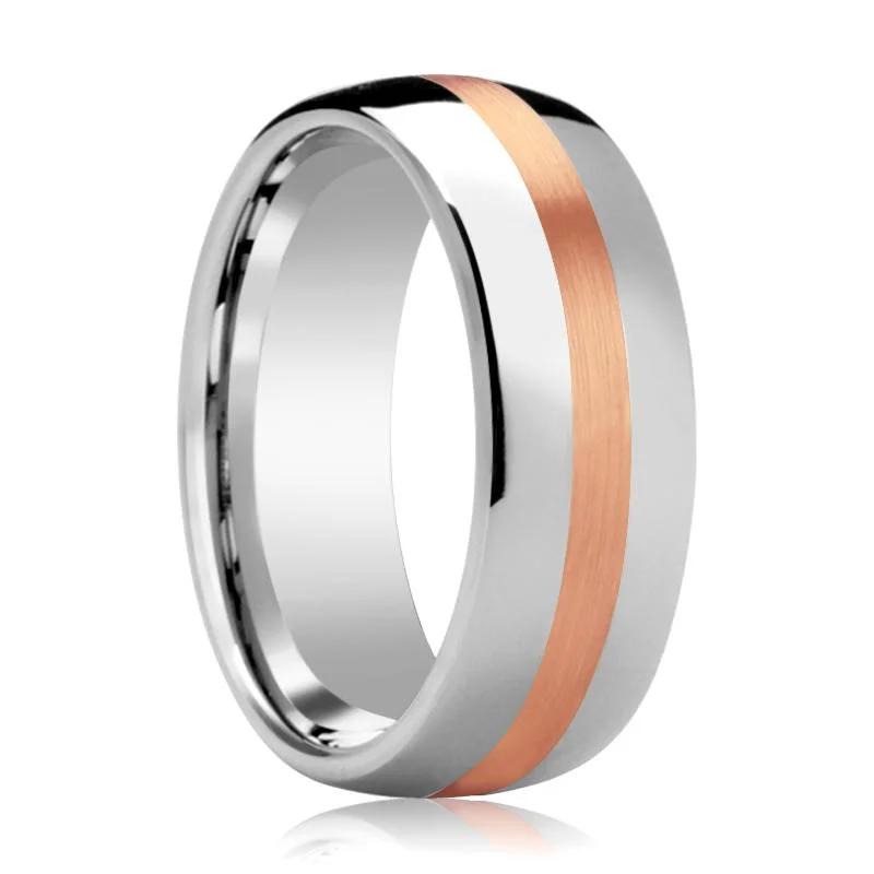 Women’s two-tone ring-ALPHEUS | Silver Tungsten Ring, 14k Rose Gold Stripe, Domed