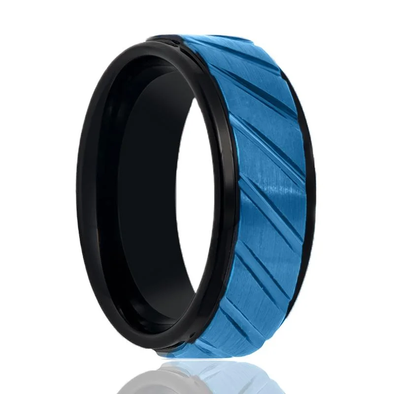 Women’s geometric design ring-OBERON | Black Tungsten Ring, Blue Diagonal Grooves, Stepped Edge