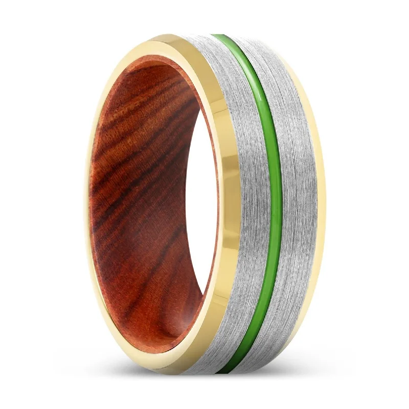 Women’s square-cut ring-XUTRON | Iron Wood, Silver Tungsten Ring, Green Groove, Gold Beveled Edge