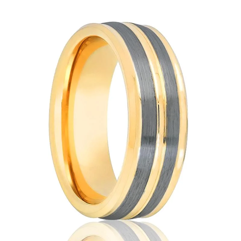 Women’s black diamond ring-DUNCE | Gold Tungsten Ring, 2 Pinstripe Grooves, Beveled