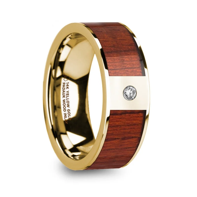 Women’s engagement rings with diamonds-14k Yellow Gold Men's Wedding Band with Padauk Wood Inlay & Diamond