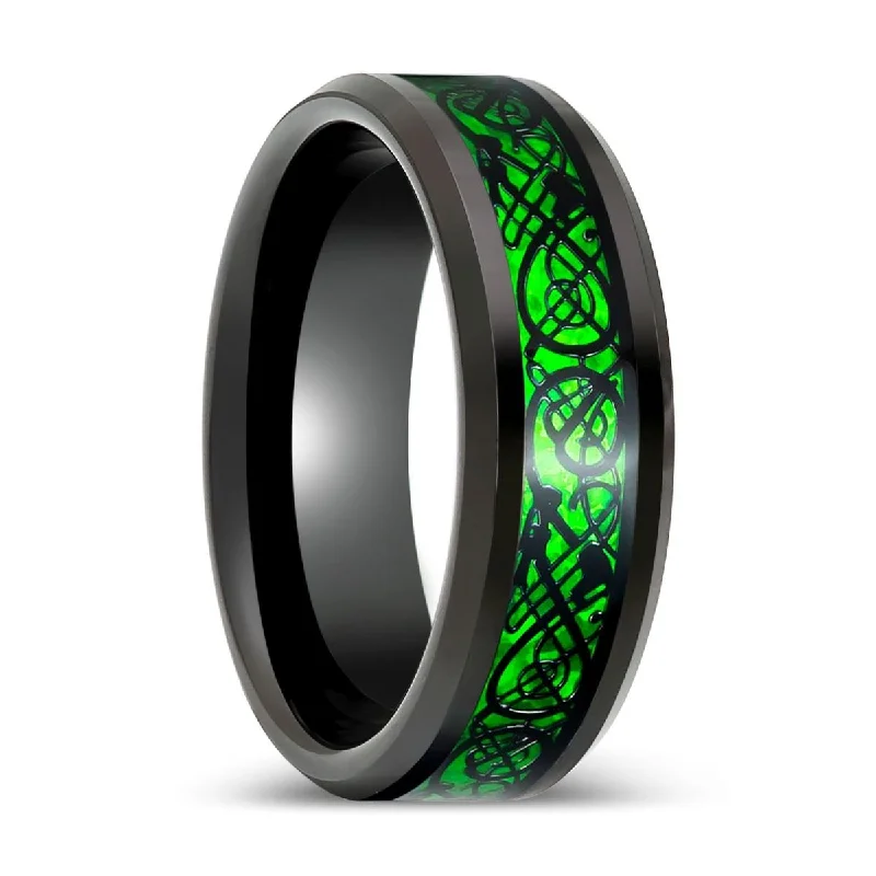 Women’s silver and gold ring-PEACHLAND | Black Tungsten Ring Green Celtic Dragon Inlay