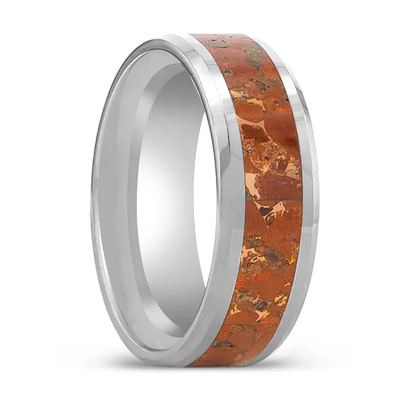 Women’s minimalist ring-CROWN | Tungsten Ring, Orange Copper Conglomerate Inlay, Beveled Edges