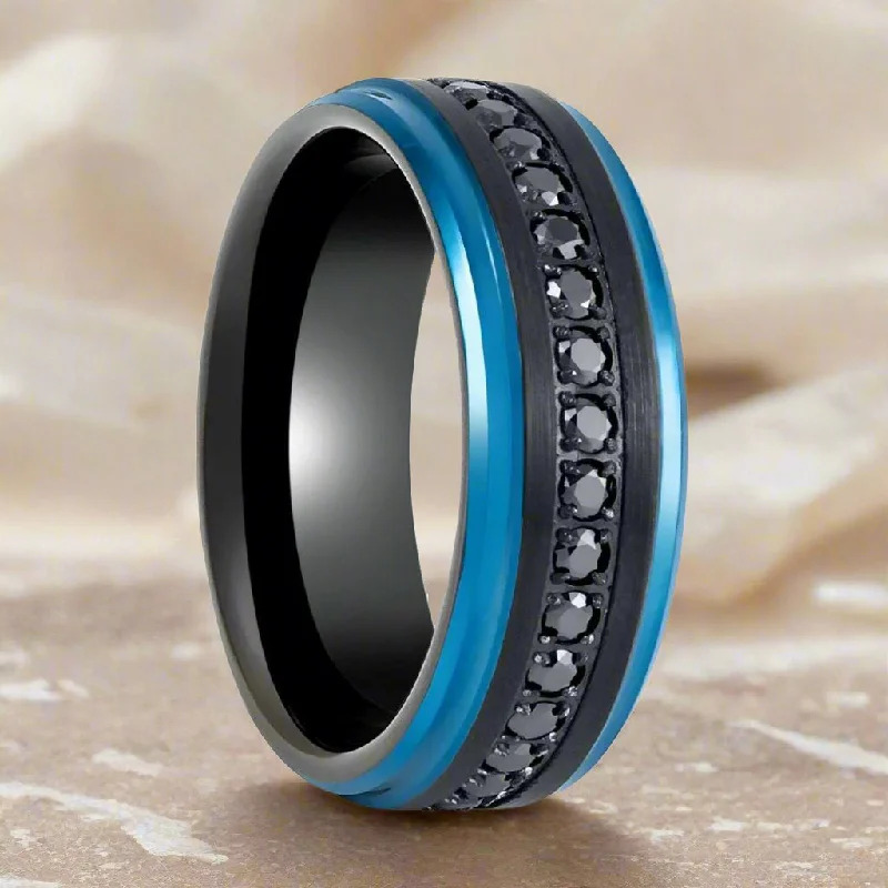 Women’s handcrafted gold ring-ALISO | Black Tungsten Ring with Blue Edges