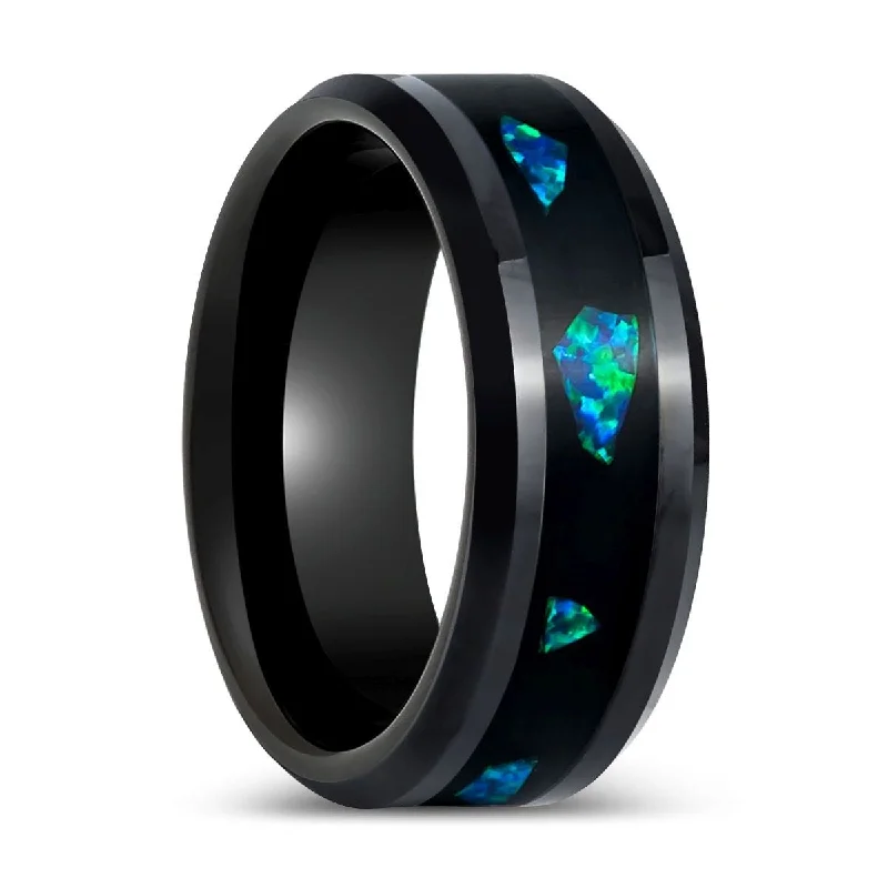 Women’s art deco ring-LUMINARIA | Black Tungsten Ring, Abalone Fragments Inlay, Beveled