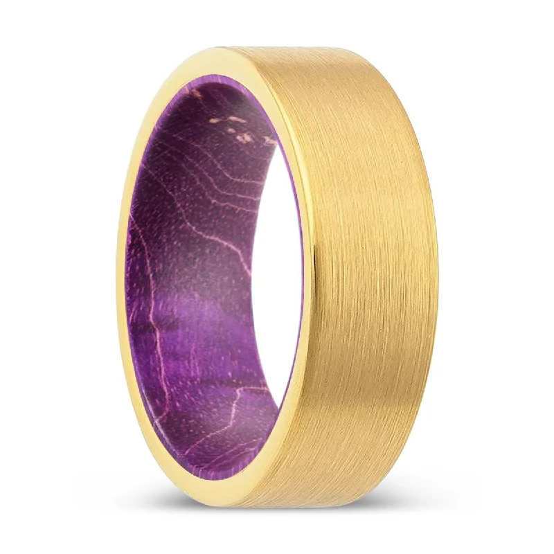 Women’s adjustable band ring-BRYXTON | Purple Wood, Gold Tungsten Ring, Brushed, Flat