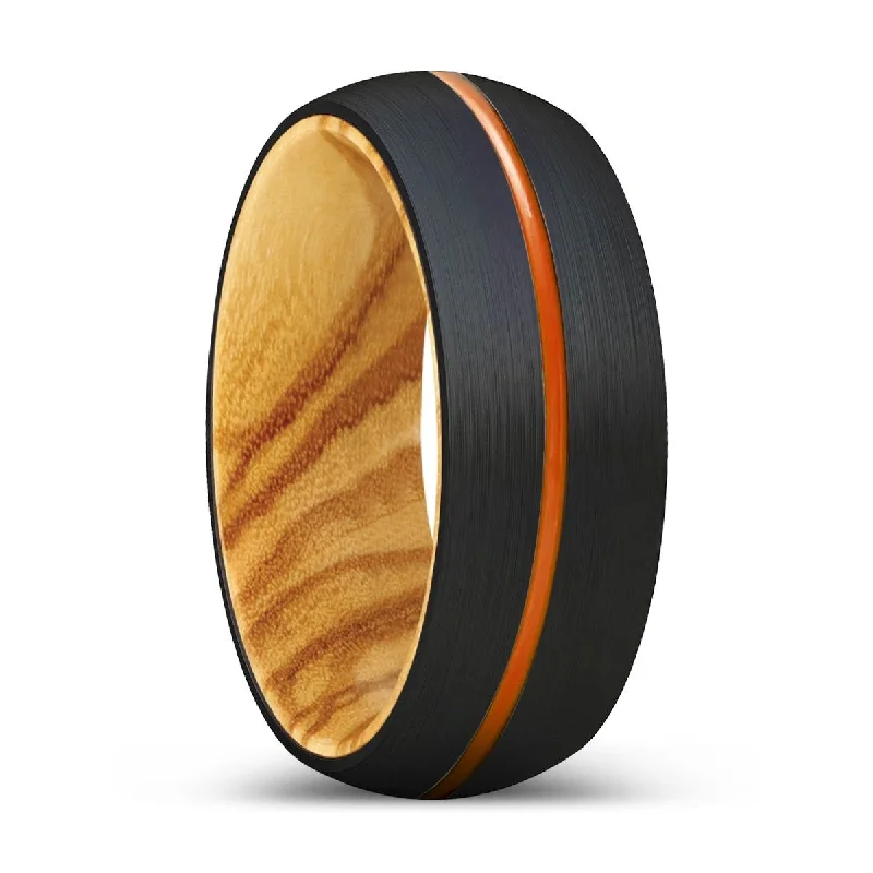 Women’s sapphire ring-SONORITY | Olive Wood, Black Tungsten Ring, Orange Groove, Domed