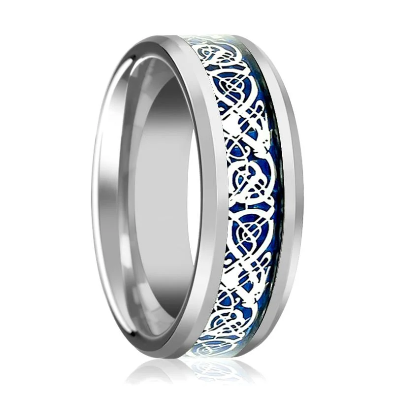 Women’s minimalist ring-POET | Silver Tungsten Ring, Blue Celtic Dragon Inlay, Beveled