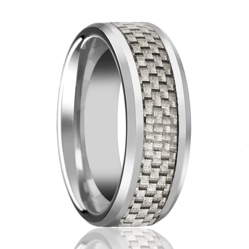 Women’s ruby ring-ULTIMUS | Silver Tungsten Ring, White Carbon Fiber Inlay, Beveled