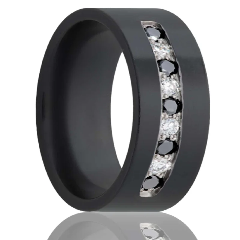 Women’s engagement rings with emerald-Zirconium Men's Wedding Band with Nine Alternating Black & White Diamonds