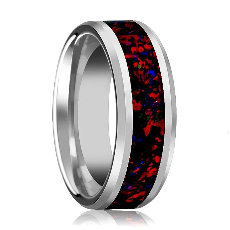 Women’s engraved ring-HALLEY | Tungsten Ring, Black Opal Inlay, Beveled