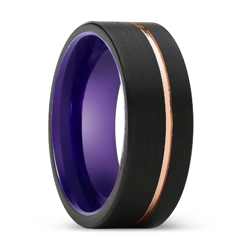 Women’s gold ring-HARMONY | Purple Ring, Black Tungsten Ring, Rose Gold Offset Groove, Brushed, Flat