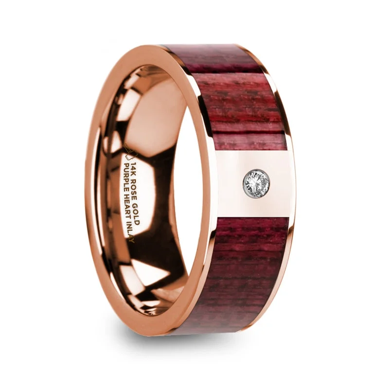 Women’s engagement rings with colored diamonds-14k Rose Gold Men's Wedding Band with Purpleheart Wood Inlay & Diamond