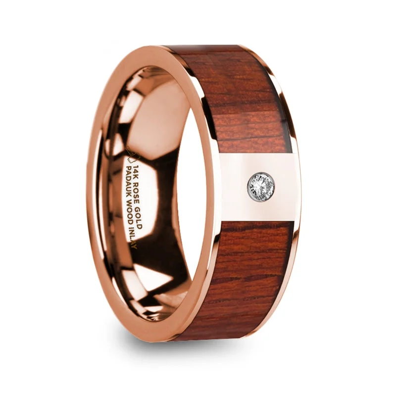 Women’s affordable diamond engagement rings-14k Rose Gold Men's Wedding Band with Padauk Wood Inlay & Diamond