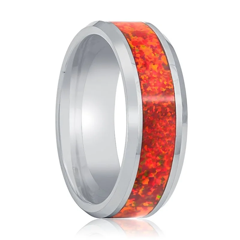 Women’s channel set ring-STARFALL | Tungsten Ring Red Fire Opal