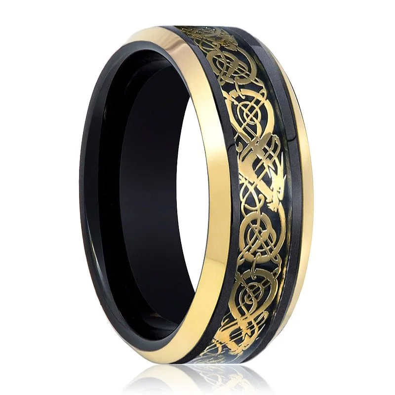 Women’s chunky gold ring-JETEK | Black Tungsten Ring, Gold Celtic Cut-Out Design, Gold Beveled