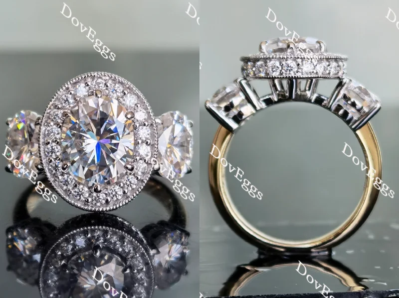 Women’s engagement rings with side stones-DovEggs oval vintage three-stone halo moissanite engagement ring