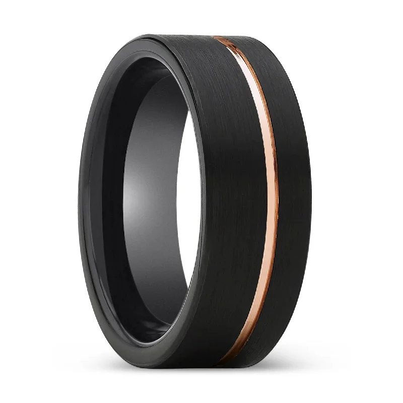 Women’s square-cut ring-CHARGER | Black Ring, Black Tungsten Ring, Rose Gold Offset Groove, Brushed, Flat