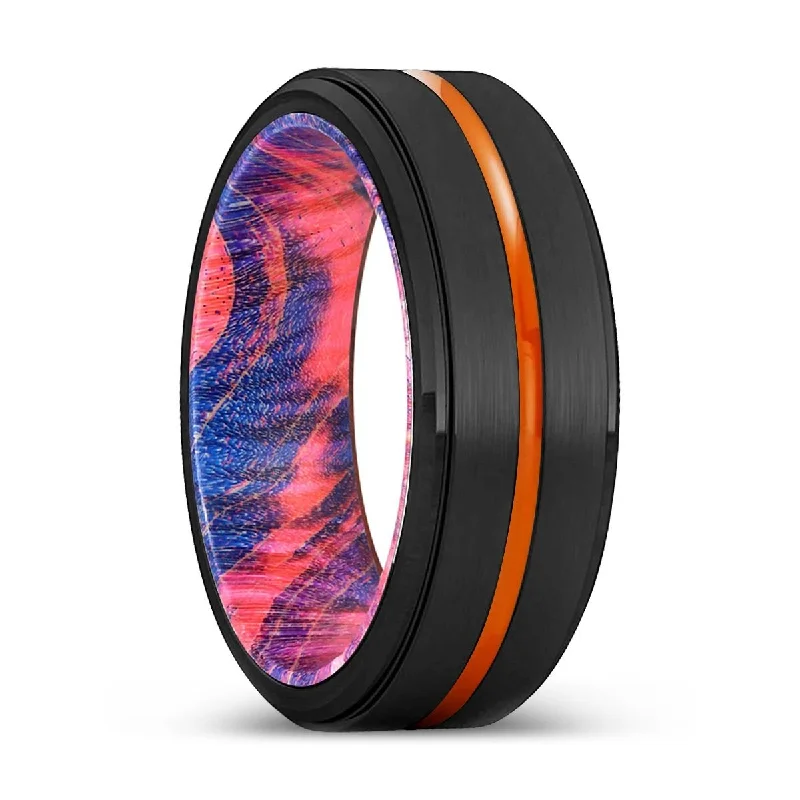 Women’s cocktail ring-OVERLAND | Blue & Red Wood, Black Tungsten Ring, Orange Groove, Stepped Edge