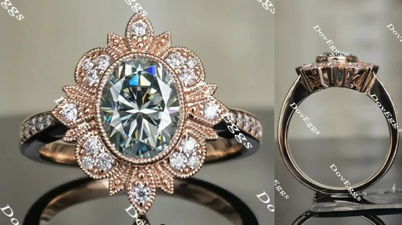 Women’s elegant engagement rings-Doveggs oval flower shape Peacock blue moissanite engagement ring